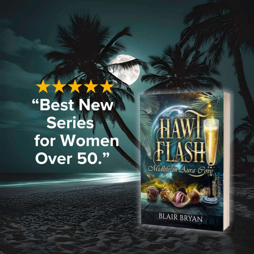 Hawt Flash Audiobook cover by Blair Bryan with tropical backdrop, highlighting best new series for women over 50.
