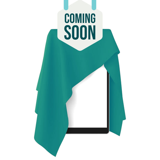 Teal draped cover over an e-reader with a 'Coming Soon' sign, indicating an upcoming book release.